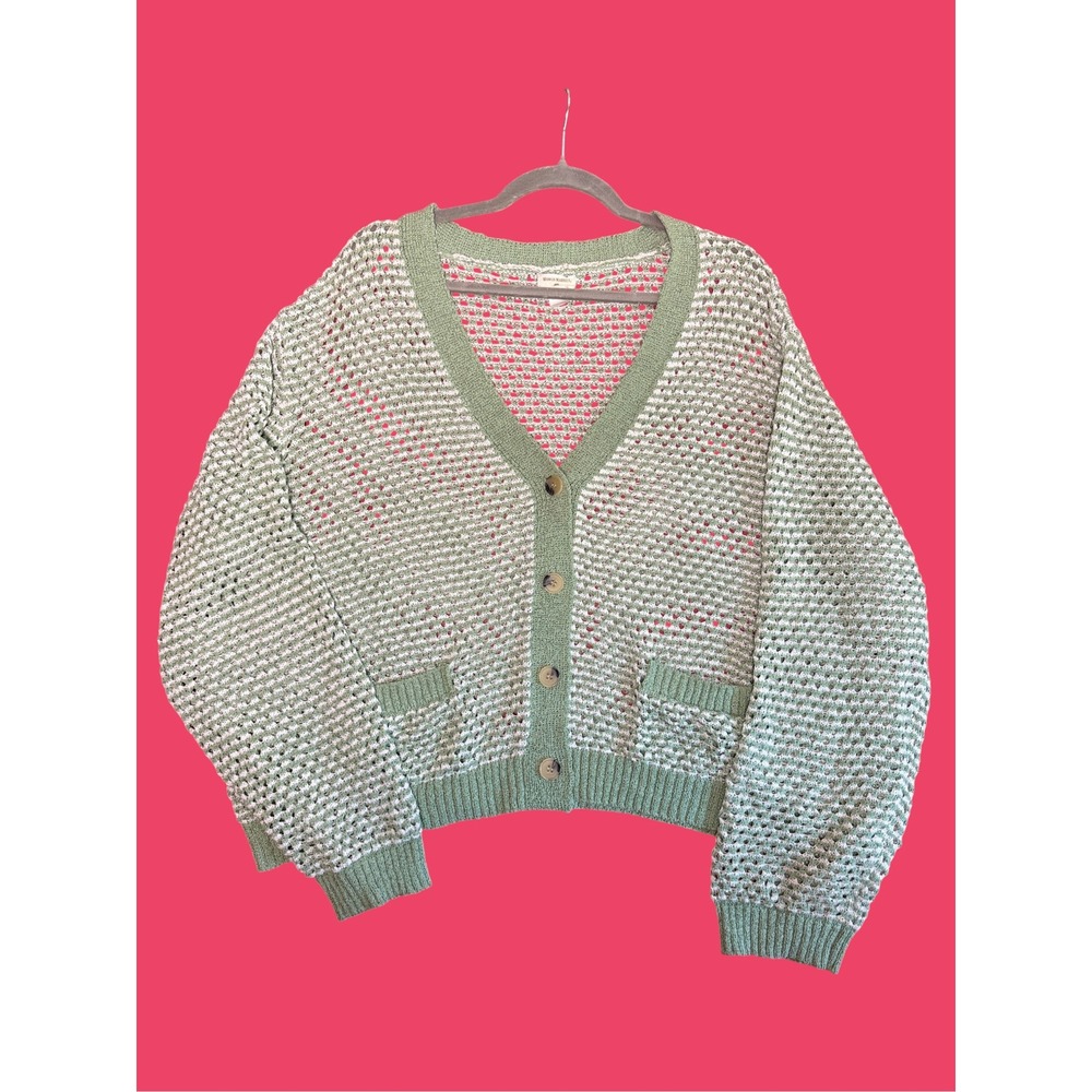 Vintage Inspired Pastel Crochet Cardigan with Pockets Grandma Sweater Size L/XL